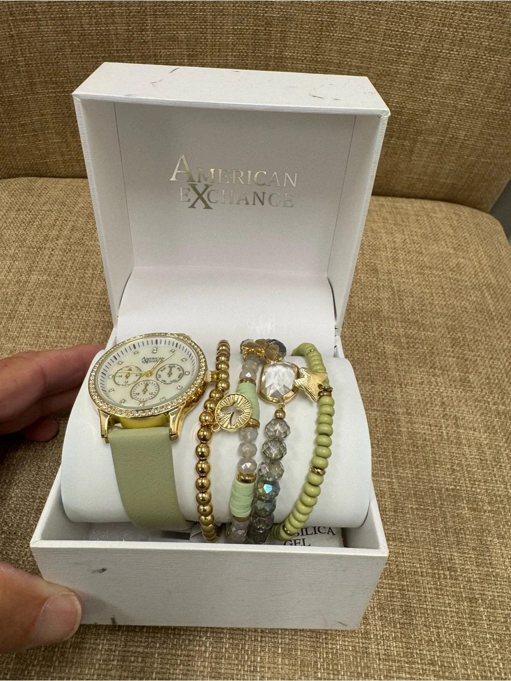 American Exchange Gold Tone Crystal Bezel Watch & Bracelet Set, Green Strap